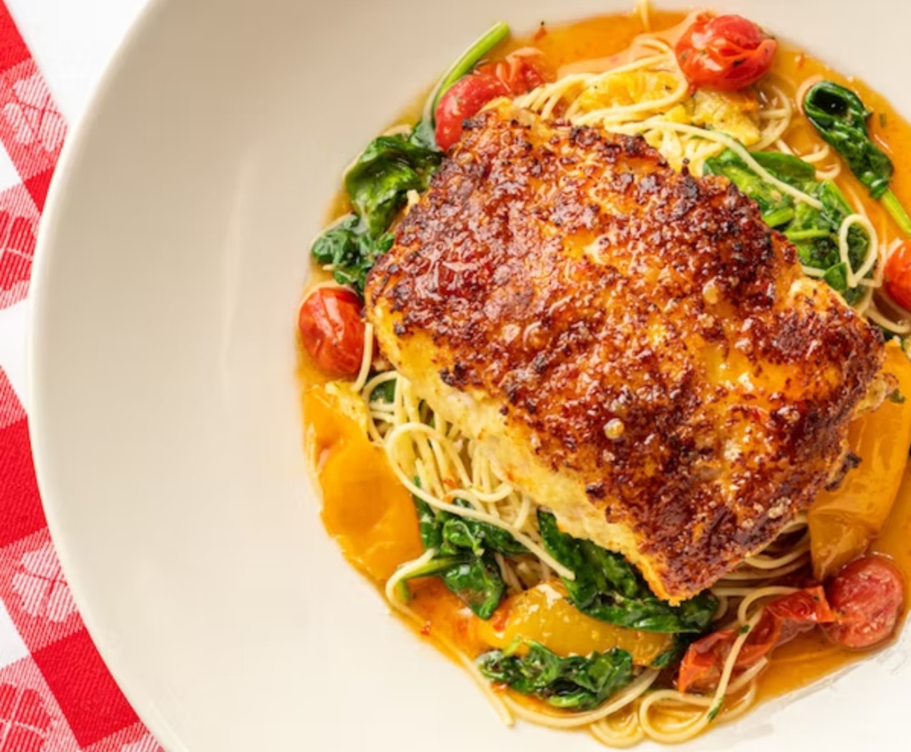 Seafood -  Parmesan-crusted Cod Calabrian Honey: Spinach, Spewed Tomatoes, Calabrian Honey Glaze, Angel Hair Aglio Olio