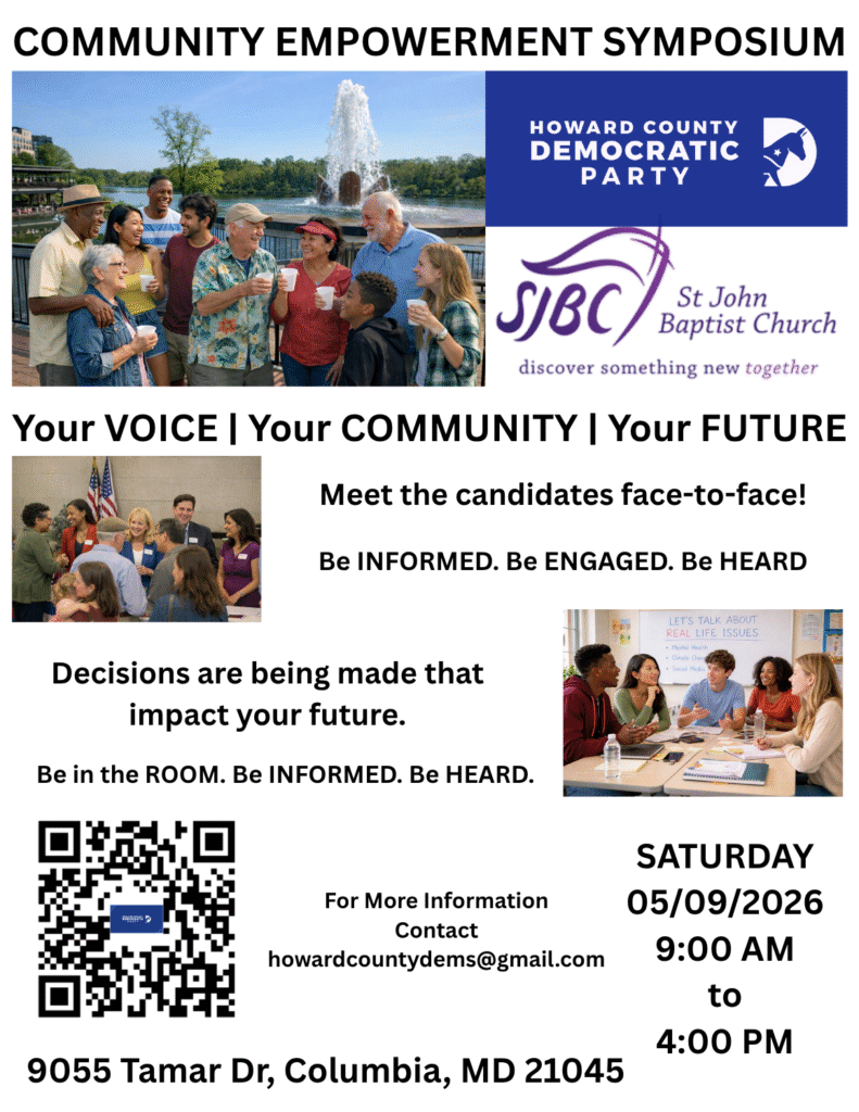 Flyer for 2026 Community Empowerment Symposium for Saturday, May 9th 2026 starting 9 A M at St. John's Baptist Church in Columbia, Maryland